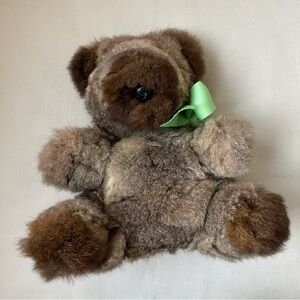 Real Fur Vintage Brown Teddy Bear with Green Bow